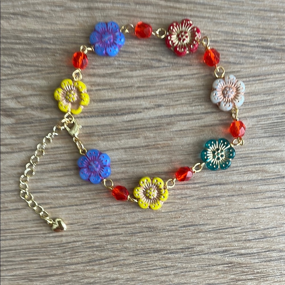 HAND CRAFTED FLORAL FANTASY BRACELET Rainbow Czech Glass Flowers & Beads Boho - Picture 9 of 14